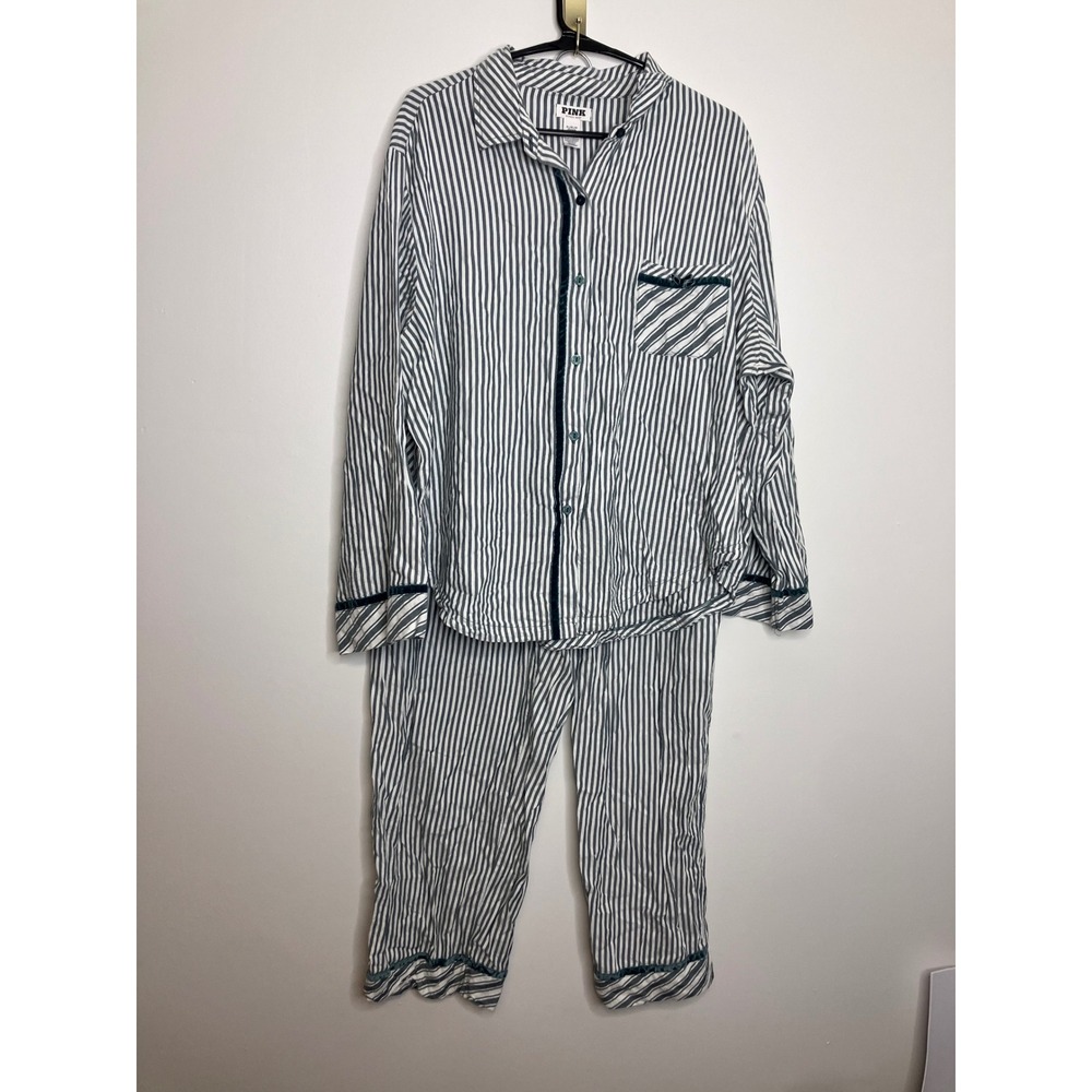 PINK Pajama Set Womens XL Green White Striped Excellent Velvet Trim Cotton Blend